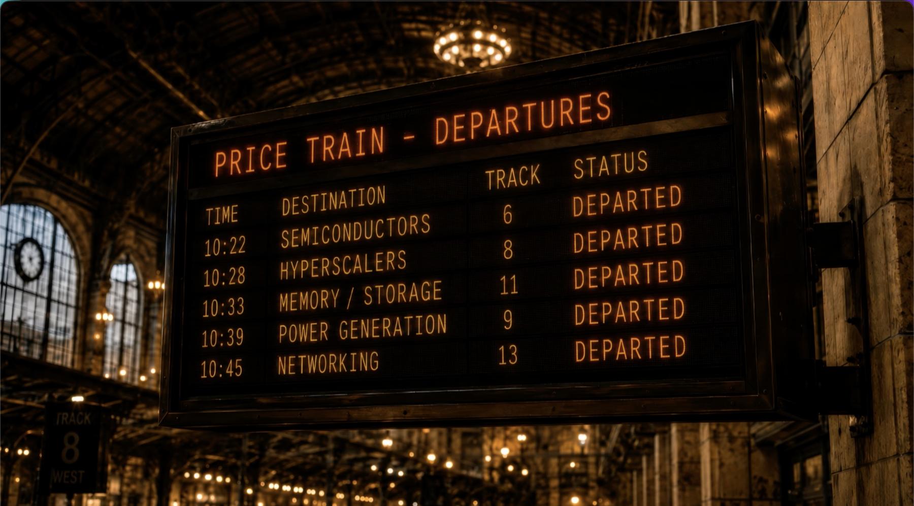 A departure board reading PRICE TRAIN — DEPARTURES, every destination marked DEPARTED.