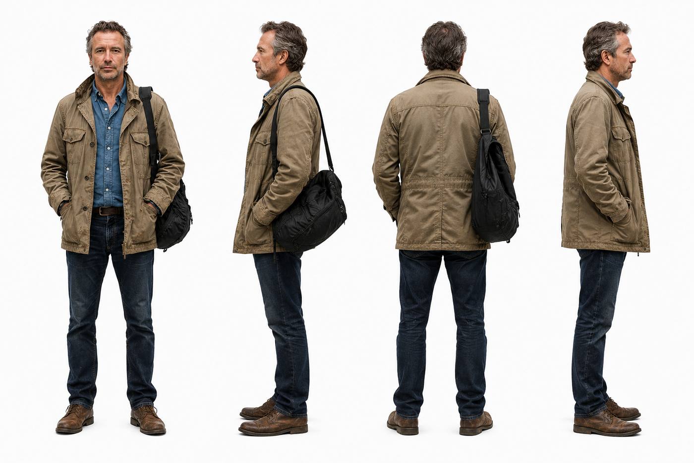 A four-view character turnaround sheet: front, profile, back and three-quarter views of the same man.