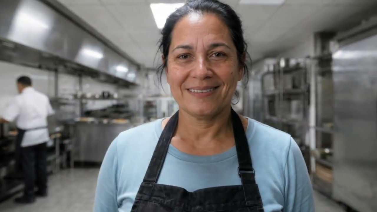 Clear Mind Flood Insurance — a restaurant owner in a black apron smiles in her commercial kitchen, a cook at work behind her.