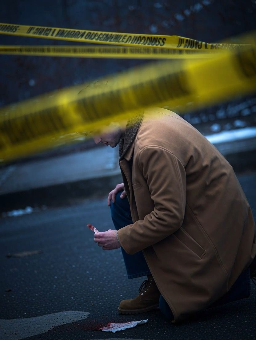 Crawford — a man in a camel coat kneels at a rain-slick crime scene behind yellow tape.