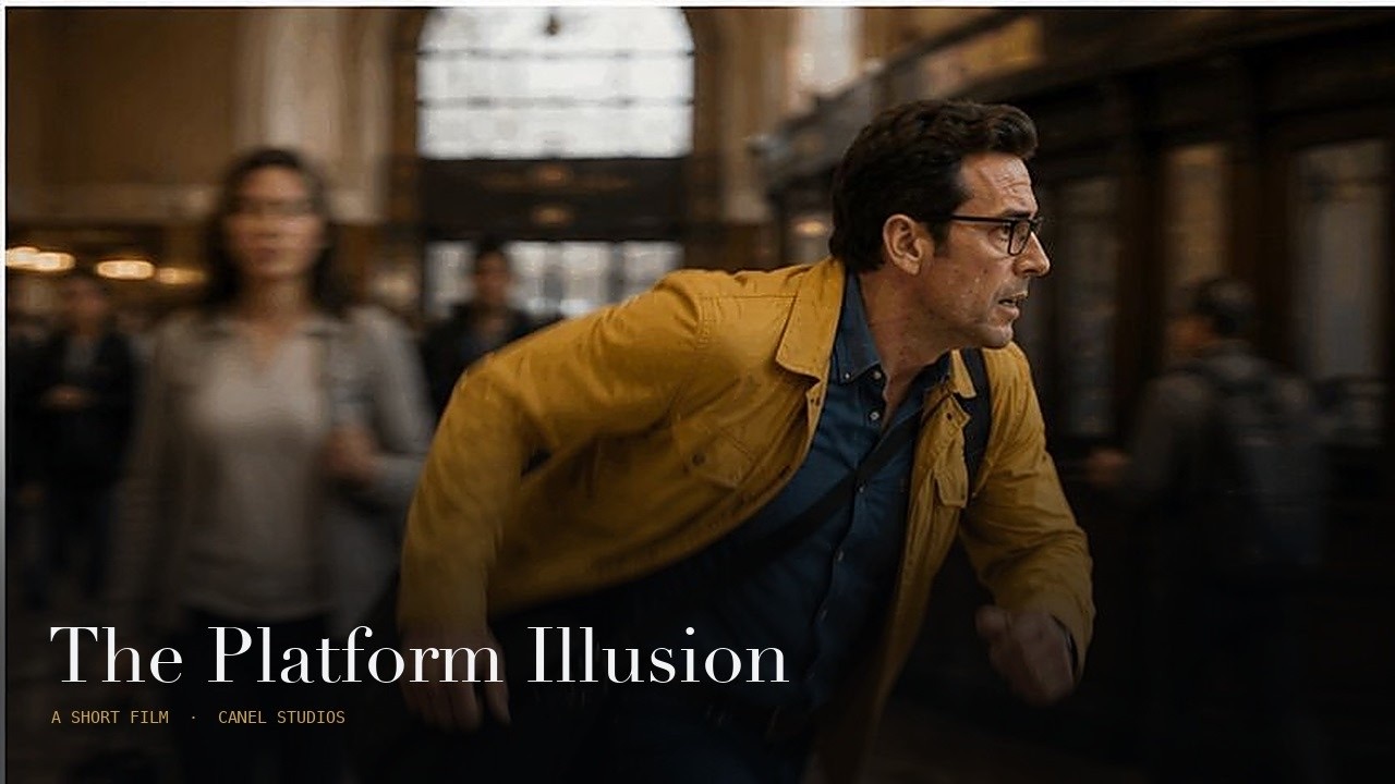 The Platform Illusion — a man in a yellow jacket runs through a grand station concourse, commuters blurred around him.