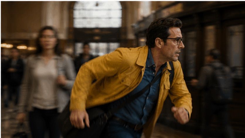 A man in a yellow jacket runs through a grand station concourse, commuters blurred around him.