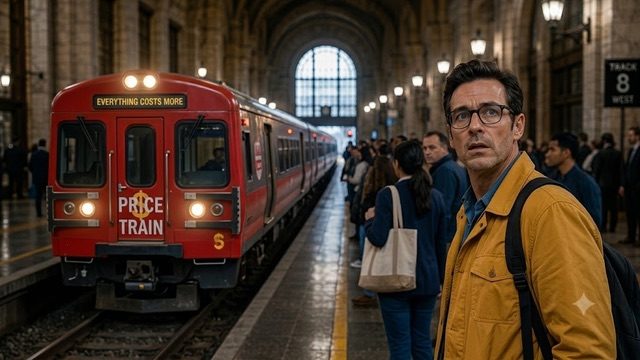 A red commuter train marked PRICE TRAIN beneath a sign reading EVERYTHING COSTS MORE.