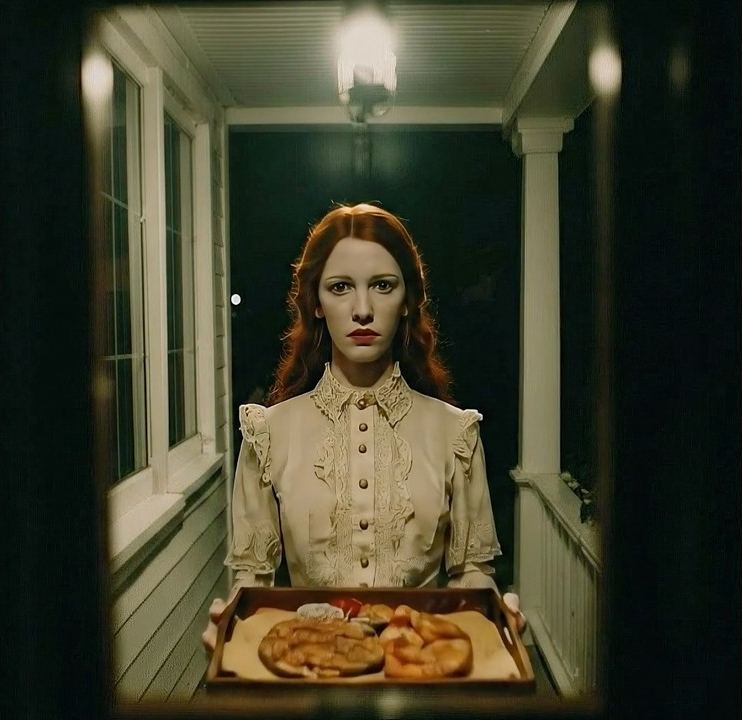 Ring of Truth — doorbell-camera view of a woman in a high-collared blouse holding a tray on a dark porch.