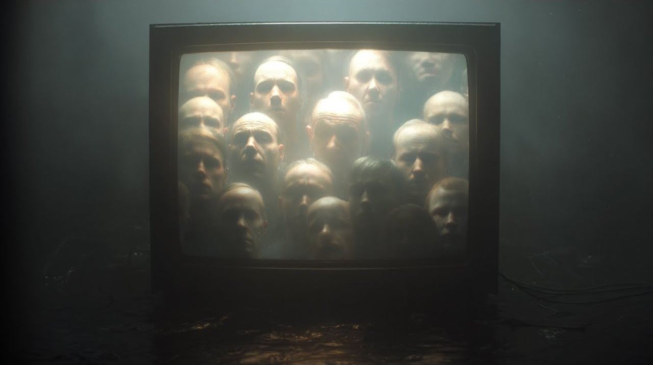 Survive the Night — an old television set filled with pale, staring faces pressed against the glass.