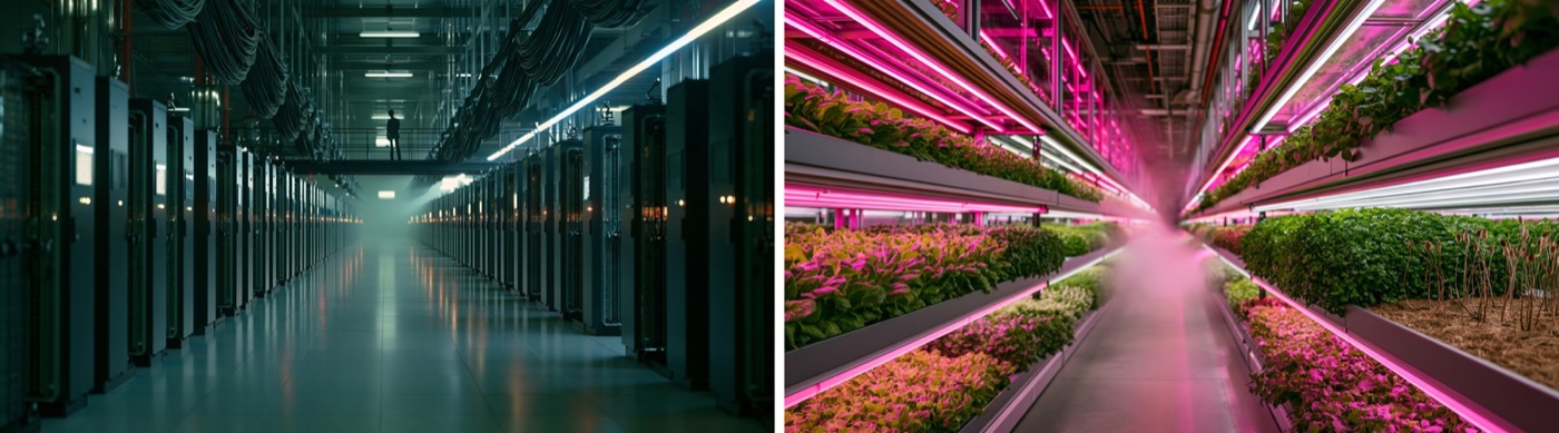 Two environments built for The Walk: a dim data-centre corridor and a corridor of pink vertical-farm grow lights.