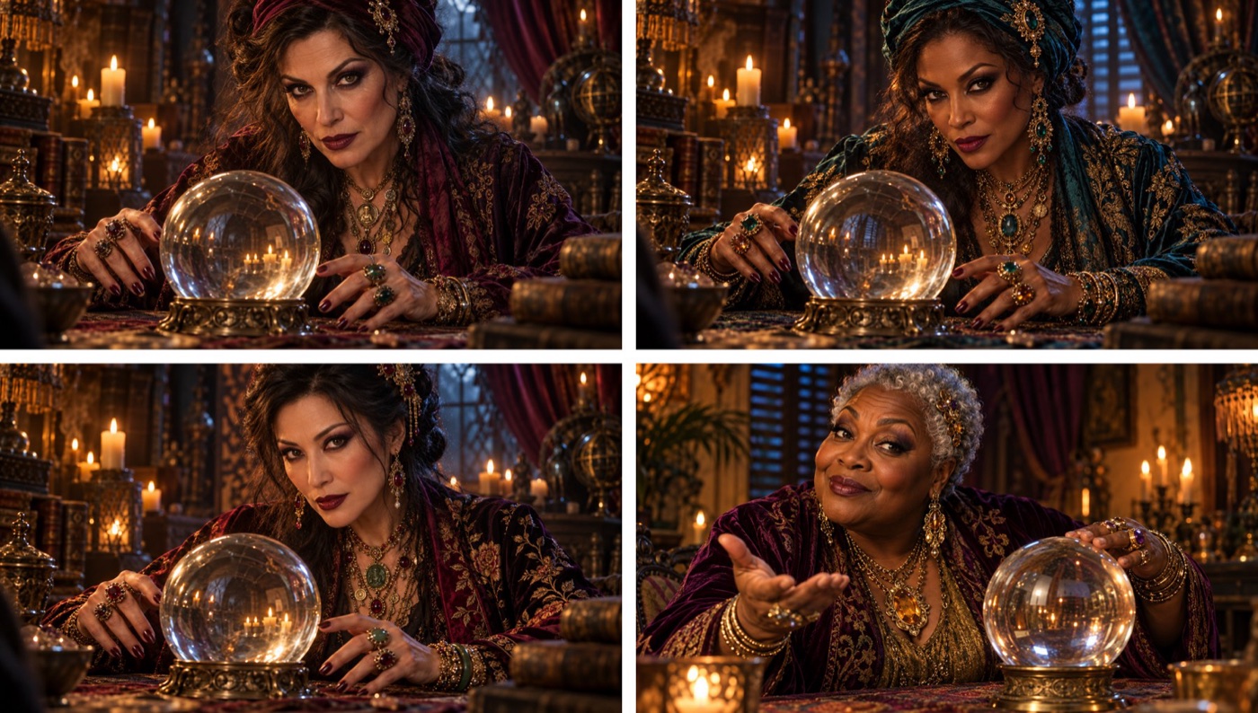 Four generated portraits of a fortune teller at a candlelit table with a crystal ball, each a different casting pass.