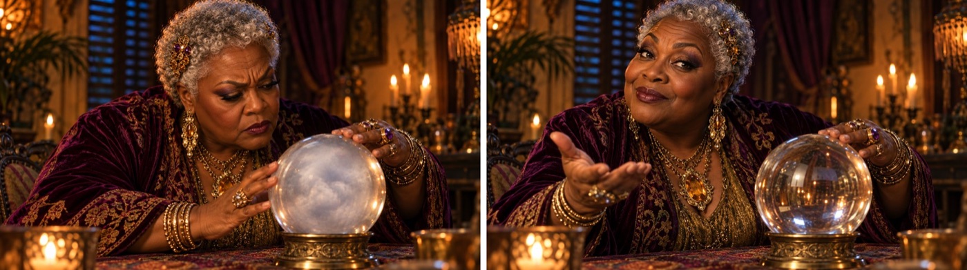 Start and end frames side by side: the fortune teller scowling at a cloudy ball, then grinning with an open-palm shrug beside a clear one.