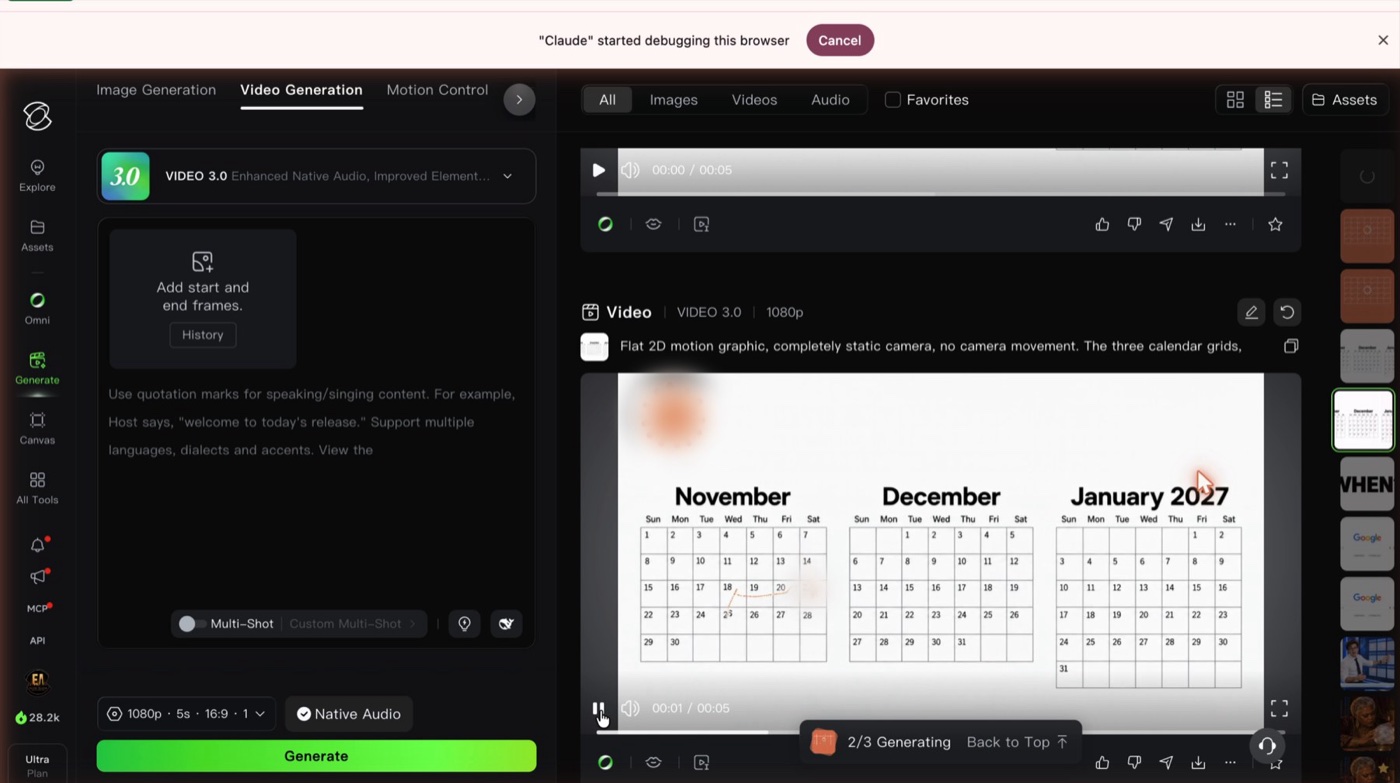 A video generation tool rendering three calendar grids for November, December and January.