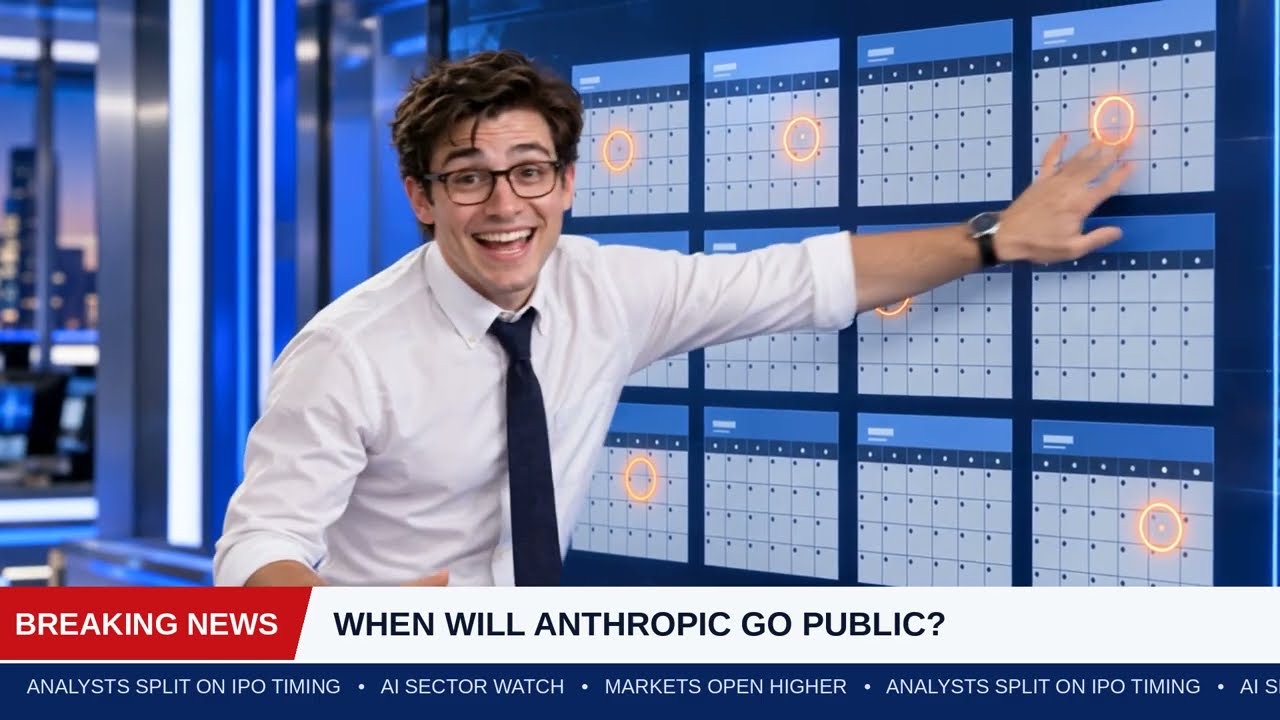 When? &mdash; a news anchor gestures at a wall of calendars under a BREAKING NEWS banner reading &lsquo;When will Anthropic go public?&rsquo;